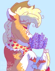 Size: 620x800 | Tagged: safe, artist:punkpride, applejack, earth pony, pony, applejack's hat, blue background, bouquet of flowers, coat markings, colored hooves, cowboy hat, eyes closed, female, flower, granny smith's shawl, hat, image, lavender, mare, png, scar, simple background, solo, unshorn fetlocks