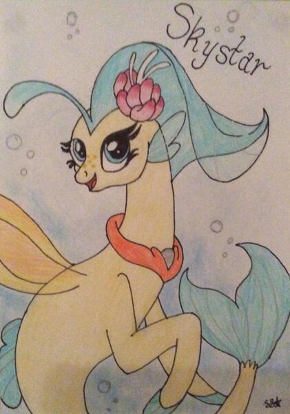 Size: 1532x2184 | Tagged: safe, artist:iistarshineii, derpibooru import, princess skystar, seapony (g4), my little pony: the movie, blue eyes, blue mane, dorsal fin, eyelashes, female, fin wings, fins, fish tail, flower, flower in hair, flowing mane, flowing tail, freckles, image, jewelry, jpeg, necklace, ocean, open mouth, open smile, pearl necklace, signature, smiling, solo, sunlight, tail, traditional art, underwater, water, wings