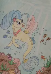 Size: 838x1214 | Tagged: safe, artist:iistarshineii, derpibooru import, princess skystar, fish, seapony (g4), my little pony: the movie, blue mane, bubble, crepuscular rays, cute, dorsal fin, female, fin wings, fins, fish tail, flower, flower in hair, flowing tail, freckles, image, jewelry, jpeg, looking up, necklace, open mouth, open smile, pearl necklace, seaweed, smiling, solo, sunlight, swimming, tail, traditional art, underwater, water, wings