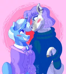Size: 1700x1900 | Tagged: safe, artist:punkpride, maud pie, trixie, earth pony, pony, unicorn, alternate design, blushing, clothes, coat markings, ear piercing, female, horn, horn ring, image, lesbian, looking at each other, mare, mauxie, piercing, pink background, png, ring, shipping, short mane, simple background, smiling