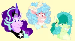 Size: 3500x1900 | Tagged: safe, artist:punkpride, cozy glow, sandbar, starlight glimmer, earth pony, pegasus, pig, pony, unicorn, alternate design, bow, bust, ear piercing, female, freckles, hair bow, horn, horn ring, image, jewelry, male, mare, nose piercing, nose ring, older, older cozy glow, older sandbar, piercing, png, portrait, regalia, ring, simple background, smiling, stallion, twitterina design, yellow background
