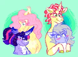 Size: 1900x1400 | Tagged: safe, artist:punkpride, flim, fluttershy, limestone pie, twilight sparkle, earth pony, pegasus, pony, unicorn, alternate design, blushing, colored hooves, ear tufts, female, glasses, green background, image, lesbian, looking at each other, male, png, ponytail, shipping, simple background, straight, tusk, twishy, twitterina design, unicorn twilight