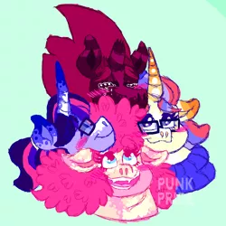 Size: 1900x1900 | Tagged: safe, artist:punkpride, moondancer, pinkie pie, tempest shadow, twilight sparkle, alicorn, earth pony, pig, pony, unicorn, alternate design, broken horn, clothes, coat markings, crying, eyes closed, fangs, female, glasses, horn, image, lesbian, moonpie, open mouth, png, polyamory, shipping, smiling, sweater, tempestdancer, tempestlight, tempestpie, tusk, twidancer, twinkie, twitterina design, watermark