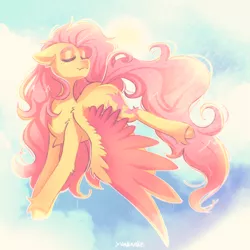 Size: 3500x3500 | Tagged: safe, artist:yumkandie, derpibooru import, fluttershy, pegasus, pony, chest fluff, cloud, colored wings, ear fluff, eyes closed, fangs, female, floppy ears, flying, freckles, image, png, rain, smiling, solo, spread wings, two toned wings, unshorn fetlocks, wings