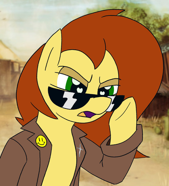 Size: 1810x1988 | Tagged: safe, artist:legendoflink, derpibooru import, oc, oc:postal mare, unofficial characters only, earth pony, pony, clothes, coat, female, image, mare, meme, pins, png, postal, postal 2, raised hoof, redraw, solo, solo female, squint, sunglasses, trenchcoat