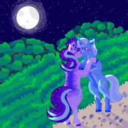 Size: 2000x2000 | Tagged: safe, artist:punkpride, starlight glimmer, trixie, pony, unicorn, alternate design, bipedal, blushing, coat markings, female, image, leaning on someone, lesbian, moon, night, night sky, png, scenery, shipping, sky, startrix, twitterina design