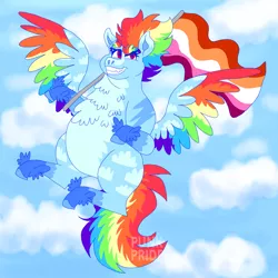 Size: 2000x2000 | Tagged: safe, artist:punkpride, rainbow dash, pegasus, pony, alternate design, chest fluff, cloud, coat markings, colored wings, fat, feathered fetlocks, flying, image, lesbian pride flag, missing cutie mark, multicolored wings, obtrusive watermark, png, pride, pride flag, rainbow wings, sky background, smiling, solo, twitterina design, watermark, wings