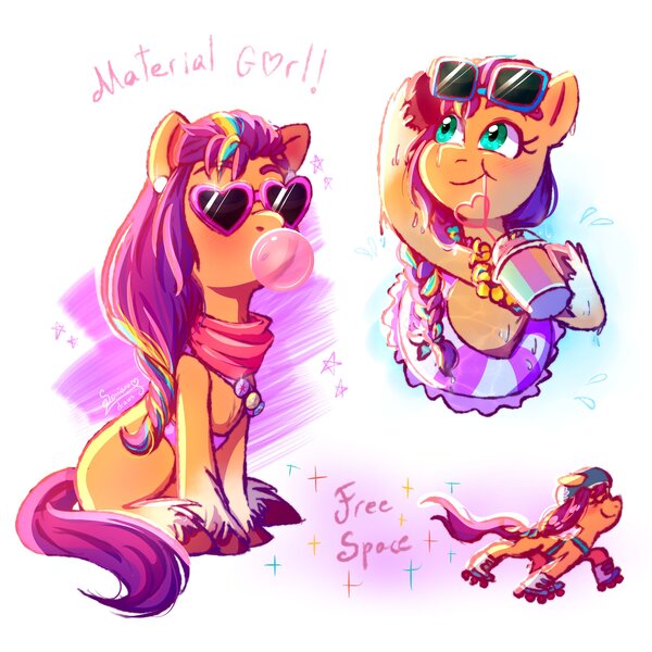 Size: 2500x2500 | Tagged: safe, artist:soniana252, derpibooru import, sunny starscout, earth pony, pony, bandana, bubblegum, cute, eyes closed, female, floatie, food, g5, gum, helmet, image, jpeg, majestic as fuck, mare, markings, my little pony: a maretime bay adventure, roller skates, simple background, sitting, solo, sunglasses, sunnybetes, unshorn fetlocks, white background