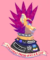 Size: 1600x1900 | Tagged: safe, artist:punkpride, scootaloo, pegasus, pony, clothes, collar, ear piercing, female, grin, image, jacket, looking back, mare, mohawk, mouthpiece, nose piercing, nose ring, piercing, pink background, png, pride flag, simple background, smiling, solo, spiked collar, text