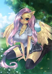 Size: 1240x1754 | Tagged: suggestive, artist:kiwanonii, derpibooru import, fluttershy, pony, absurd resolution, bedroom eyes, big breasts, blushing, breasts, busty fluttershy, cleavage, clothes, detailed background, female, grass, hooves, image, kneeling, kneesocks, long hair, looking at you, png, school uniform, shirt, skirt, sky, smiling, socks, solo, spread legs, spread wings, spreading, tail, thigh highs, wings