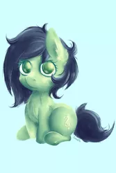 Size: 4000x6000 | Tagged: safe, artist:coco-drillo, derpibooru import, oc, oc:anon, oc:anonfilly, earth pony, pony, absurd resolution, blushing, chest fluff, ear fluff, earth pony oc, female, filly, foal, image, light blue background, looking at you, messy mane, png, signature, simple background, sitting, solo