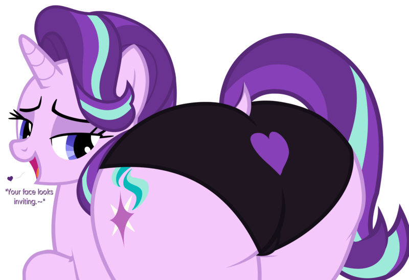 Size: 5305x3640 | Tagged: suggestive, artist:duskyzombie, derpibooru import, starlight glimmer, pony, unicorn, absurd resolution, bedroom eyes, blushing, butt, clothes, cute, derpibooru exclusive, female, glimmer glutes, image, imminent facesitting, large butt, looking back, mare, plot, plump, png, simple background, solo, text, the ass was fat, transparent background, underwear