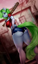 Size: 766x1280 | Tagged: suggestive, artist:littlebird, derpibooru import, oc, anthro, earth pony, ass, barbed wire, baseball bat, butt, clothes, daisy dukes, hand on hip, image, jpeg, looking at you, looking back, looking back at you, short hair, short shirt, shorts, smiling, smirk, solo, thighs