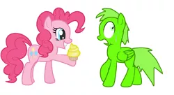 Size: 1648x896 | Tagged: safe, artist:poppyraps, derpibooru import, pinkie pie, oc, oc:filbert, earth pony, pegasus, pony, cupcake, female, food, image, implied cupcakes, male, mare, png, scared, shocked, simple background, smiling, stallion, sweat, white background, wings