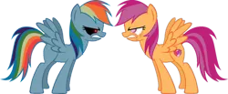 Size: 1024x420 | Tagged: safe, artist:lostoneslullaby, derpibooru import, rainbow dash, scootaloo, pegasus, pony, angry, colored pupils, cutie mark, female, gritted teeth, image, mare, multicolored hair, older, older scootaloo, png, rainbow hair, simple background, spread wings, teeth, the cmc's cutie marks, transparent background, wings, zalgo