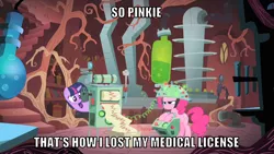 Size: 1066x600 | Tagged: safe, derpibooru import, edit, edited screencap, editor:twi clown, screencap, pinkie pie, twilight sparkle, earth pony, pony, unicorn, feeling pinkie keen, caption, duo, female, image, image macro, mad scientist, mare, png, reference, team fortress 2, text, twi medic, twilight's lab, unicorn twilight