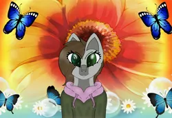 Size: 3340x2304 | Tagged: safe, artist:darkshade, derpibooru import, oc, oc:cj vampire, anthro, butterfly, earth pony, insect, pony, clothes, flower, hoodie, image, jacket, jpeg, looking at you, smiling, smiling at you