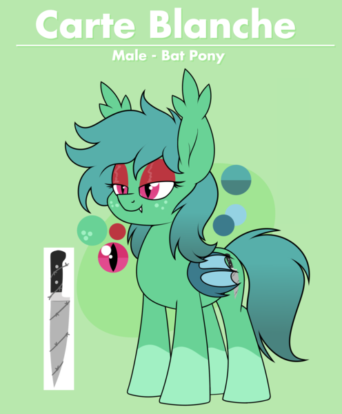 Size: 1644x1990 | Tagged: safe, artist:moonatik, derpibooru import, oc, oc:carte blanche, unofficial characters only, bat pony, pony, bat pony oc, bat wings, coat markings, eyeshadow, femboy, freckles, image, knife, makeup, male, png, reference sheet, socks (coat marking), solo, stallion, wings