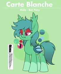 Size: 1644x1990 | Tagged: safe, artist:moonatik, derpibooru import, oc, oc:carte blanche, unofficial characters only, bat pony, pony, bat pony oc, bat wings, coat markings, eyeshadow, femboy, freckles, image, knife, makeup, male, png, reference sheet, socks (coat marking), solo, stallion, wings