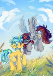 Size: 3226x4574 | Tagged: safe, artist:vanilla-chan, derpibooru import, oc, oc:evening prose, oc:sunrise sentry, unofficial characters only, pegasus, pony, unicorn, female, flying, freckles, image, jewelry, male, mare, necklace, nose to nose, pearl necklace, png, shipping, stallion, straight