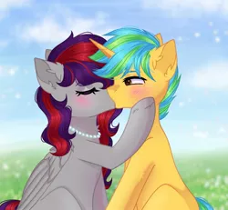Size: 1271x1172 | Tagged: safe, artist:freyamilk, derpibooru import, oc, oc:evening prose, oc:sunrise sentry, unofficial characters only, pegasus, pony, unicorn, blushing, eyes closed, female, freckles, image, jewelry, jpeg, kissing, male, mare, necklace, pearl necklace, shipping, stallion, straight