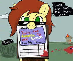 Size: 1200x1000 | Tagged: safe, artist:allhallowsboon, oc, oc:postal mare, unofficial characters only, earth pony, pony, blood, blood on face, blood trail, clothes, dialogue, drawthread, female, fire, image, looking at you, mare, mouth hold, png, raised eyebrow, solo, speaking to viewer, sunglasses, valentine's day card