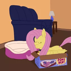 Size: 2160x2160 | Tagged: safe, artist:callichrome, derpibooru import, fluttershy, pegasus, pony, behaving like a cat, bell, box, collar, couch, cute, folded wings, if i fits i sits, image, pet bed, png, pony in a box, smiling, wings