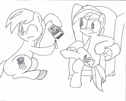 Size: 2107x1696 | Tagged: safe, artist:scootaloormayfly, derpibooru import, rainbow dash, oc, earth pony, pegasus, pony, fanfic:sweet apple massacre, black and white, book, couch, dexterous hooves, fanfic art, female, fire, grayscale, hoof hold, image, jpeg, lighter, male, mare, monochrome, simple background, sitting, stallion, white background