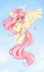 Size: 1259x2048 | Tagged: safe, artist:vanilla_pie_2, derpibooru import, fluttershy, butterfly, insect, pegasus, pony, chest fluff, image, jpeg, solo
