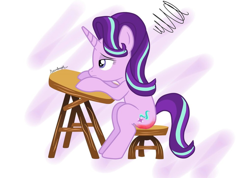 Size: 1024x728 | Tagged: safe, derpibooru import, starlight glimmer, pony, unicorn, desk, detention, female, image, implied spanking, mare, png, simple background, sitting, solo, spanked, stool, white background