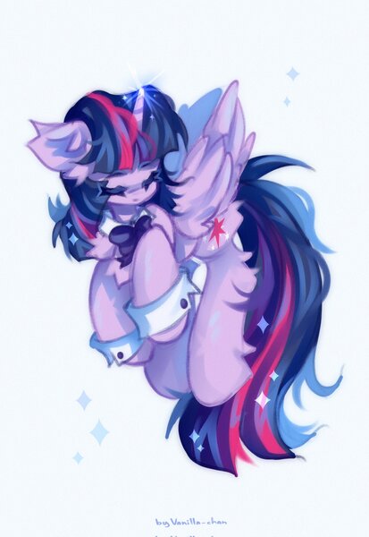 Size: 1410x2048 | Tagged: safe, artist:vanilla_pie_2, derpibooru import, twilight sparkle, twilight sparkle (alicorn), alicorn, pony, bow, chest fluff, cuffs (clothes), ear fluff, eyes closed, fluffy, image, jpeg, simple background, solo, white background