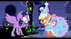 Size: 1300x720 | Tagged: safe, derpibooru import, applejack, twilight sparkle, alicorn, earth pony, pony, angry, castle of the royal pony sisters, clothes, corrupted twilight sparkle, dress, friday night funkin', froufrou glittery lacy outfit, glare, image, jpeg, pibby, princess, princess applejack, ready to fight, triple trouble