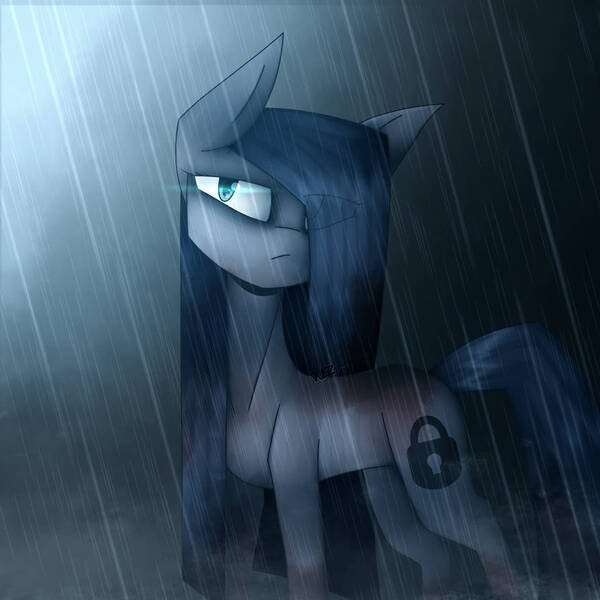 Size: 894x894 | Tagged: safe, artist:tuzzarts, derpibooru import, oc, oc:minkie pie, unofficial characters only, earth pony, pony, fanfic:muffins, fanfic art, female, image, jpeg, lock, mare, padlock, rain