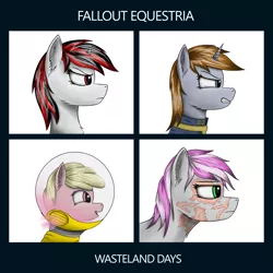 Size: 4000x4000 | Tagged: safe, artist:enteryourponyname, derpibooru import, oc, oc:blackjack, oc:hired gun, oc:littlepip, oc:puppysmiles, earth pony, pony, unicorn, fallout equestria, fallout equestria: project horizons, angry, bodysuit, canterlot ghoul, clothes, fanfic art, gorillaz, horn, image, jumpsuit, png, radiation suit, reference, scar, serious, serious face, small horn, smiling, tired eyes, vault suit