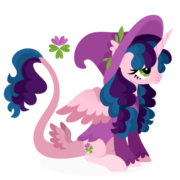 Size: 1024x1024 | Tagged: safe, artist:kabuvee, derpibooru import, oc, alicorn, pony, clothes, cutie mark, female, flower, hat, image, leonine tail, lineart, mare, png, simple background, solo, tail, tail wings, transparent background, witch hat