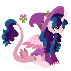 Size: 1024x1024 | Tagged: safe, artist:kabuvee, derpibooru import, oc, alicorn, pony, clothes, cutie mark, female, flower, hat, image, leonine tail, lineart, mare, png, simple background, solo, tail, tail wings, transparent background, witch hat