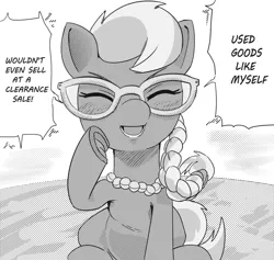 Size: 2280x2160 | Tagged: safe, artist:applephil, derpibooru import, silver spoon, earth pony, pony, black and white, eyes closed, grayscale, image, monochrome, open mouth, open smile, png, sitting, smiling, solo, speech bubble, talking to viewer, underhoof