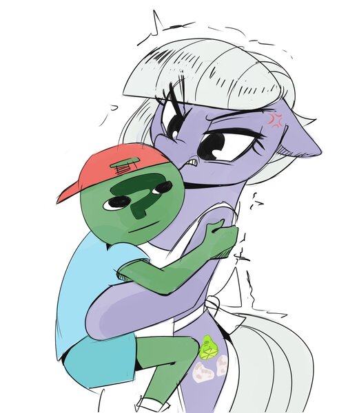 Size: 1637x1944 | Tagged: safe, artist:applephil, derpibooru import, limestone pie, oc, oc:anon, earth pony, human, pony, angry, apron, backwards ballcap, baseball cap, bipedal, cap, clothes, cross-popping veins, duo, female, floppy ears, hat, holding a human, image, jpeg, limestone pie is not amused, male, mare, simple background, unamused, white background