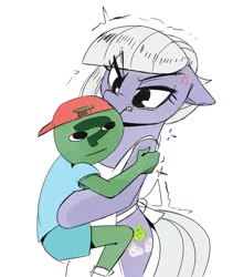 Size: 1637x1944 | Tagged: safe, artist:applephil, derpibooru import, limestone pie, oc, oc:anon, earth pony, human, pony, angry, apron, backwards ballcap, baseball cap, bipedal, cap, clothes, cross-popping veins, duo, female, floppy ears, hat, holding a human, image, jpeg, limestone pie is not amused, male, mare, simple background, unamused, white background