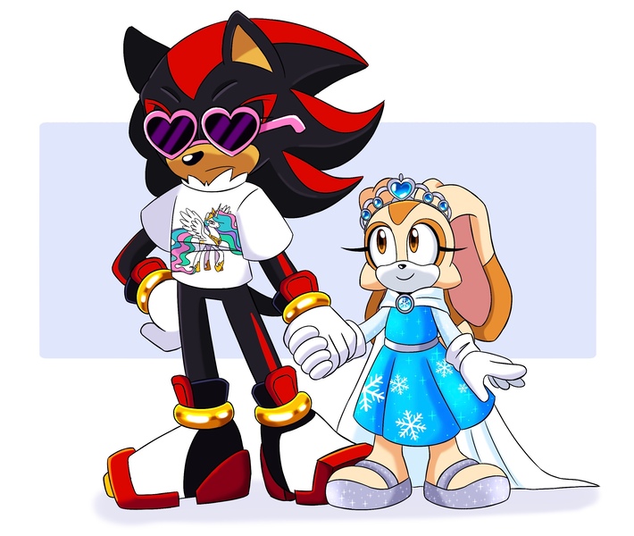 Size: 2632x2225 | Tagged: safe, artist:sketchquill, derpibooru import, princess celestia, alicorn, pony, cape, clothes, cream the rabbit, dress, frozen (movie), glasses, gloves, heart shaped glasses, holding hands, image, jewelry, jpeg, shadow the hedgehog, shirt, sonic the hedgehog (series), t-shirt, tiara