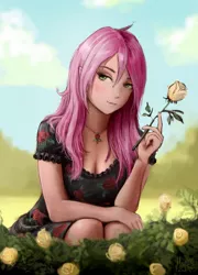 Size: 1000x1387 | Tagged: safe, artist:magfen, derpibooru import, roseluck, human, breasts, cleavage, cloud, female, flower, human coloration, humanized, image, jewelry, jpeg, necklace, plant, rose, sky, solo