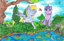 Size: 2158x1396 | Tagged: safe, artist:assertiveshypony, derpibooru import, amethyst star, cloud kicker, changeling, dragon, dragonfly, frog, insect, pegasus, pony, raccoon, spider, unicorn, bush, can, cloud, cloudy, drawing, happy, image, jpeg, rock, smiling, traditional art, tree, water, water lily
