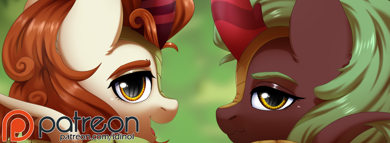 Size: 4992x1830 | Tagged: questionable, artist:dinoalpaka, derpibooru import, autumn blaze, cinder glow, summer flare, kirin, advertisement, duo, duo female, female, image, looking at you, looking back, open mouth, patreon, patreon logo, patreon preview, png, solo, solo female