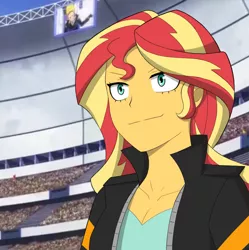 Size: 868x872 | Tagged: safe, artist:elioo, derpibooru import, sunset shimmer, equestria girls, anime, anime style, clothes, crossover, female, image, jpeg, my hero academia, present mic, smiling, solo, stadium, style emulation