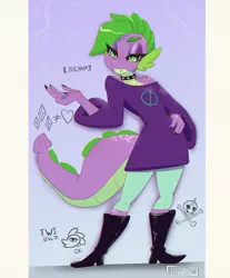 Size: 994x1200 | Tagged: safe, artist:inkypuso, derpibooru import, spike, anthro, dragon, absurd resolution, barb, boots, clothes, cutie mark, gender headcanon, hand on hip, heart, image, jpeg, lidded eyes, rule 63, shoes, simple background, solo, vylet pony, white background