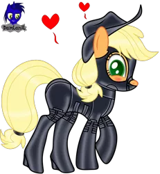Size: 3840x4154 | Tagged: safe, artist:damlanil, derpibooru import, applejack, earth pony, pony, bdsm, bodysuit, bondage, bondage mask, boots, catsuit, clothes, collar, corset, female, floating heart, gag, gimp suit, heart, high heels, hood, image, latex, latex boots, latex suit, mare, muzzle gag, png, rubber, shiny, shoes, show accurate, simple background, solo, suit, transparent background, vector