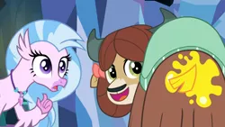 Size: 1920x1080 | Tagged: safe, derpibooru import, screencap, silverstream, yona, classical hippogriff, hippogriff, yak, season 9, uprooted, spoiler:s09, bowtie, cute, duo, duo female, female, happy, hulu reference, hulu thumbnail, image, monkey swings, oops, oops my bad, open mouth, paint, png, tail, yellow paint, yonadorable
