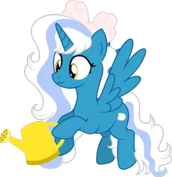 Size: 1321x1360 | Tagged: safe, artist:littlejurnalina, derpibooru import, oc, oc:fleurbelle, alicorn, pony, bow, female, hair bow, image, mare, png, simple background, solo, transparent background, watering can