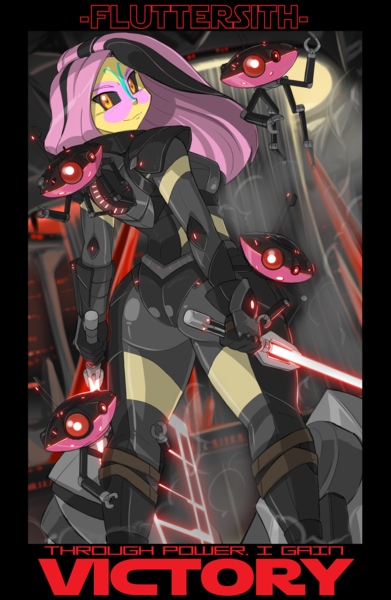 Size: 3360x5151 | Tagged: safe, artist:shonuff44, banned from derpibooru, paywalled source, fluttershy, robot, equestria girls, absurd resolution, alternative cutie mark placement, armor, boobs and butt pose, breasts, butt, cleavage, clothes, crossover, drone, dual wield, facial cutie mark, female, flutterbutt, fluttersith, image, lightsaber, looking at you, looking back, looking back at you, png, sith, smiling, solo, star wars, weapon