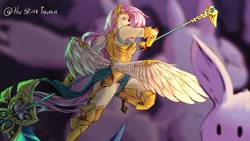 Size: 1280x720 | Tagged: safe, artist:degurechaft, derpibooru import, fluttershy, human, rabbit, animal, armor, badass, boots, caduceus, clothes, female, flutterbadass, gloves, humanized, image, png, scythe, shoes, solo, winged humanization, wings